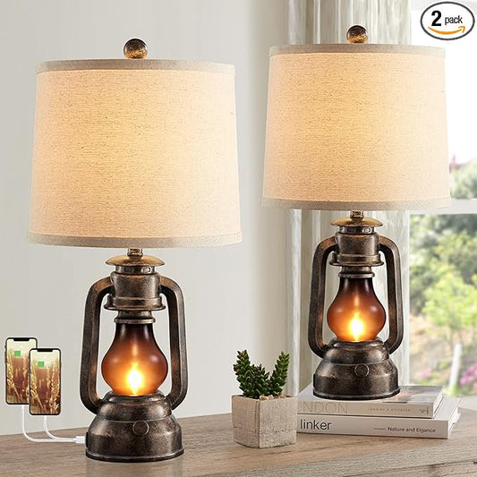 RORIANO Farmhouse Lantern Table Lamps for Living Room Set of 2, Vintage Bedroom Resin Lamp with Dual USB Charging Ports, Rustic Retro Bedside Nightstand Desk Lamp, 4 Bulb Included