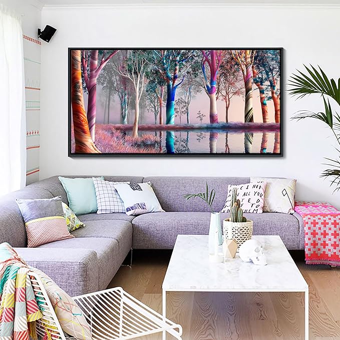 KLAKLA Extra Large Canvas Paintings Wall Art - Fantasy Wooded Wild Lakes Red Pink Room Decor Rainbow Artwork Framed Picture for Living Room Bedroom Decoration