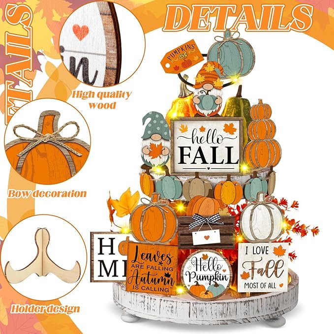 21 Pcs Fall Tiered Tray Decoration Set Thanksgiving Table Sign Pumpkins Farmhouse Decor Gnome Maple Leaves Centerpieces Harvest Wood Blocks Signs Fall Block Tabletop for Autumn(Pumpkin)