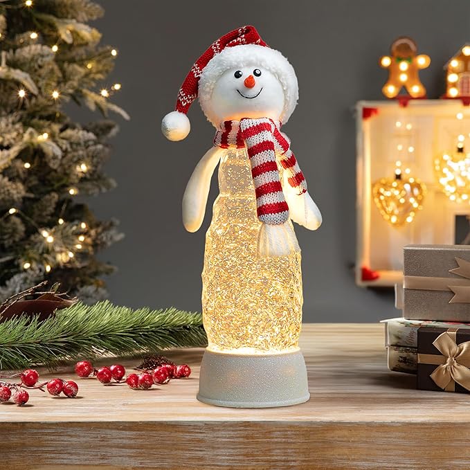 Christmas Snowman Decorations, Lighted Snowman Plush Swirling Glitter Musical Christmas Snow Globe Water Lantern for Table Mantel Desk Fireplace Home Holiday Decor