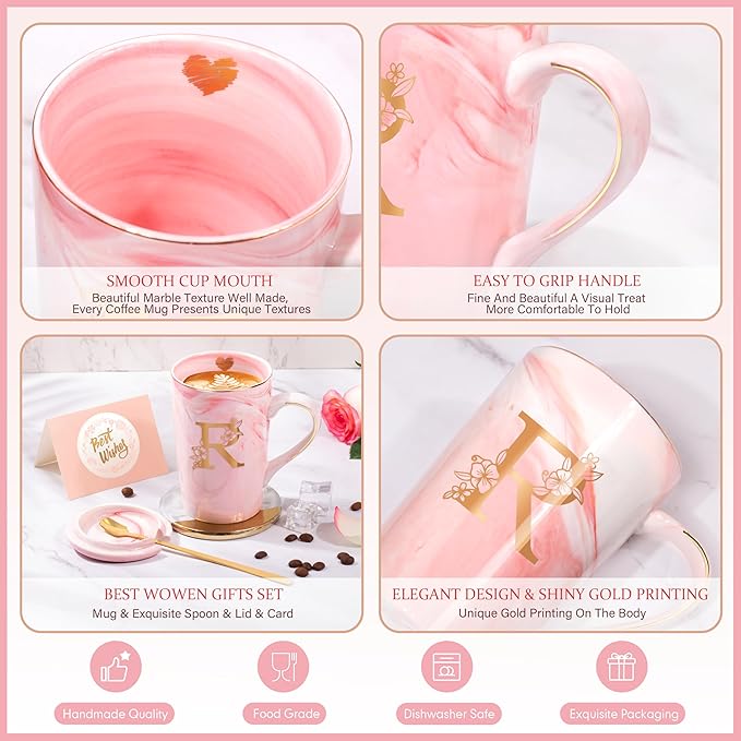 Coffee Mugs - Birthday Gifts for Women, Personalized Initial Customized Mug Tea Cup with Lid 14 Oz Pink, Spoon Greeting Card, Luxury Gift-Boxed Christmas Gift for Her Wife Mom Grandma Friend Unique,R