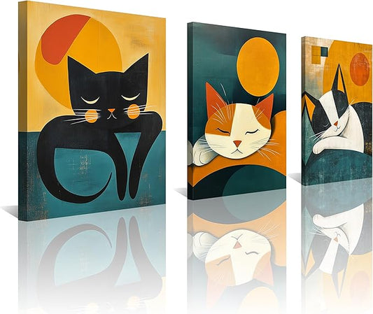 NAN Wind 3PCS 16L x 12W Cat Wall Art Canvas Print Sleeping Cat Tabby Mid Century Modern Geometric Animal Decor Minimalist Teal and Orange Retro Style Artwork for Bedroom Living Room Pet Lovers