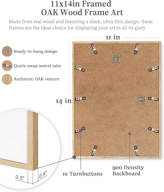 UPWOIGH 11x14 Oak Wood Picture Frame - Minimalist 11x14 Poster Frame, 11"x14" Picture Frame Wood, Natural Solid Wooden Picture Frames for Wall Art Photo and Prints,1 Pack
