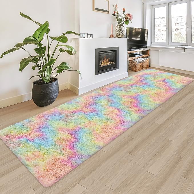Fluffy Rainbow Rug for Girls Bedroom 2x8 Feet Kawaii Tie Dye Area Rug Colorful Unicorn Runner Rug for Kids Teens Nursery Baby Princess Room Living Room Home Decor Carpets