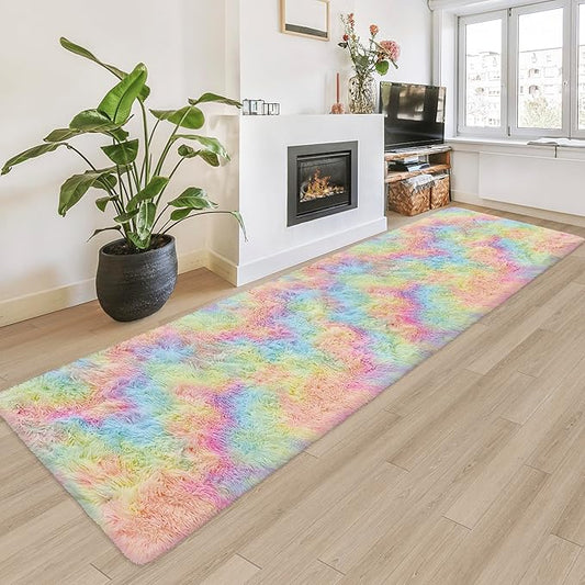 Fluffy Rainbow Rug for Girls Bedroom 2x8 Feet Kawaii Tie Dye Area Rug Colorful Unicorn Runner Rug for Kids Teens Nursery Baby Princess Room Living Room Home Decor Carpets