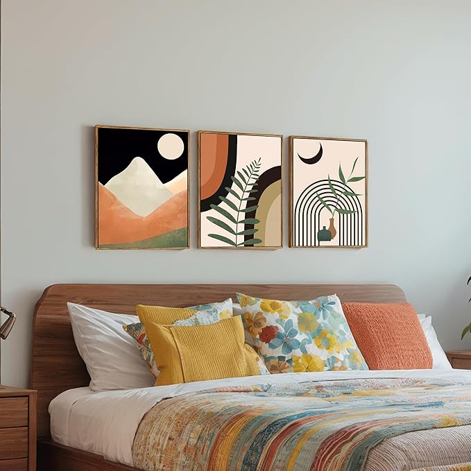 WRFON Boho Wall Art Set of 3 - Mid Century Modern Neutral Abstract Geometric Botanical Prints, Black and Beige Framed Canvas Wall Art for Living Room Decor, Ready to Hang, 12x16 inch