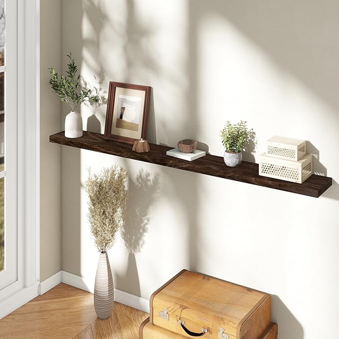 72" Floating Shelves for Wall, Rustic Elm Wood Floating Shelf for Home Decor, Wall-Mounted Display Shelves with Heavy-Duty Bracket, Long Floating Shelf for Bathroom, Kitchen, Living Room, Walnut Color