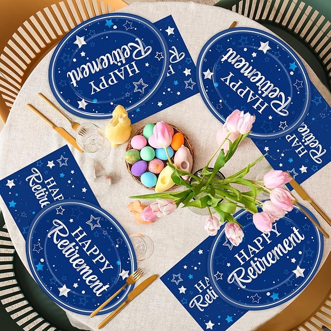 Happy Retirement Party Oval Paper Plates 11inch Blue Silver Retirement Plates and Napkins, Retired Decoration Favor Dish Tray for Women Men Retired Supplies Graduations Tableware, 25 Guest