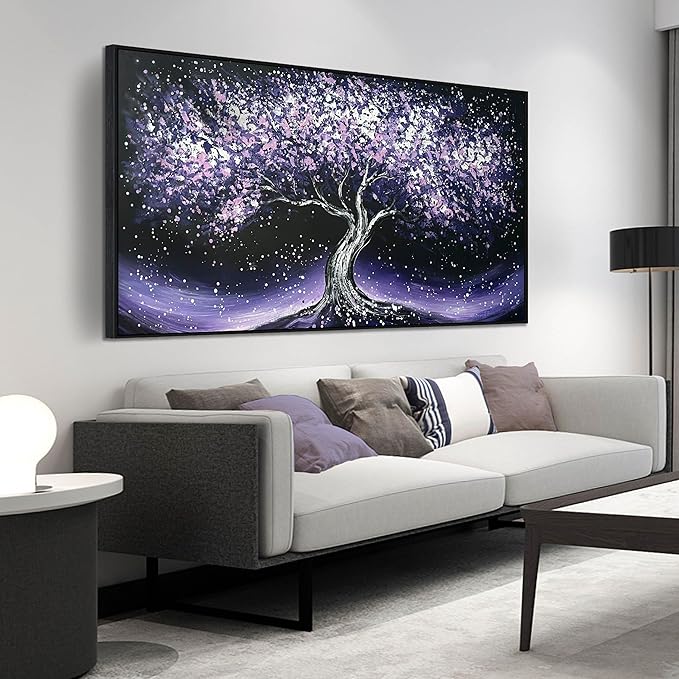 Purple Tree Hand Painted Wall Decor for Living Room - Modern Canvas Wall Art for Bedroom - Black Large Framed Wall Art Size 29" x 59"