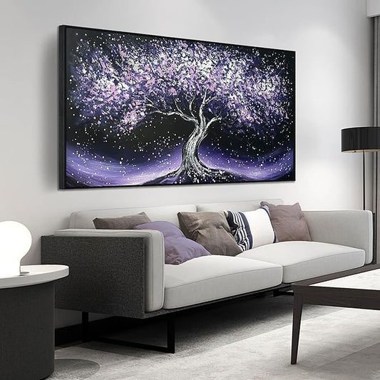 Purple Tree Hand Painted Wall Decor for Living Room - Modern Canvas Wall Art for Bedroom - Black Large Framed Wall Art Size 29" x 59"