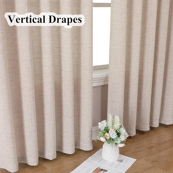Dark Oatmeal Thick Linen Semi Sheer Pinch Pleated Curtains 96 Inches Long, 50 Inches Width, Farmhouse Light Filtering Drapes Set of 2, Window Curtain with Hooks