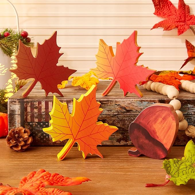 DUQGUHO Fall Leaves Decor, Fall tiered Tray Decorations Set, Wooden Autumn Decor, Wooden Signs Harvest Decoration, Thanksgiving Party Tray Display Shelf, Maple Leaf Pine Cone Set of 4