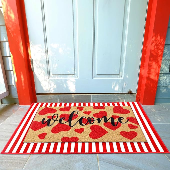 2 Pcs Valentines Welcome Door Mat Heart Outdoor Welcome Mats for Front Door Non Slip Heart Coir Floor Mat Red White Stripe Valentines Rug for Outside Front Porch Entryway Decor