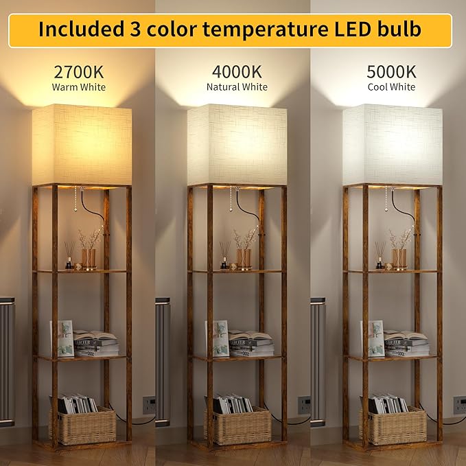 Dott Arts Floor Lamp with Shelves, Wide Floor Lamps for Living Room Display Shelf Lamps with 3 Color LED Bulb,Storage Wood Modern Floor Lamp for Bedroom Standing Lamp for Living Room Office（Brown）
