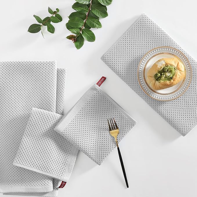 Homaxy 100% Cotton Kitchen Towels and Dishcloths Set, 12 x 12 Inches and 13 x 28 Inches, Set of 10 Bulk Kitchen Towels Set, Ultra Soft Absorbent Dish Cloths for Washing Dishes, Light Gray