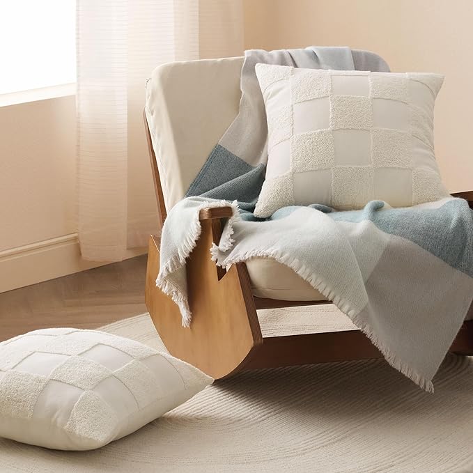 Double Stitch Checkered Throw Pillow Covers - 100% Cotton Set of 2 Tufted Boho Decorative Pillow Covers 20x20, Made in India, Square Cushion Case, Modern Home Decor for Couch, Sofa, Living Room, Cream