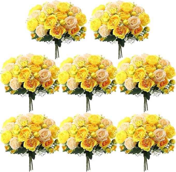 Geosar 8 Bundles Artificial Peonies Flowers Fake Silk Peony Bouquet Faux Peonies Flowers Bulk for Decoration Vase Florals Arrangements Wedding Party Table (Yellow,Champagne)