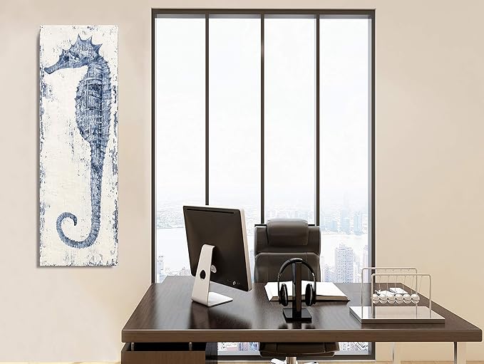 Yihui Arts Seahorse Canvas Wall Art Hand Painted Blue and White Painting Modern Coastal Pictures for Living Room Bedroom Hallway Bathroom Decoration