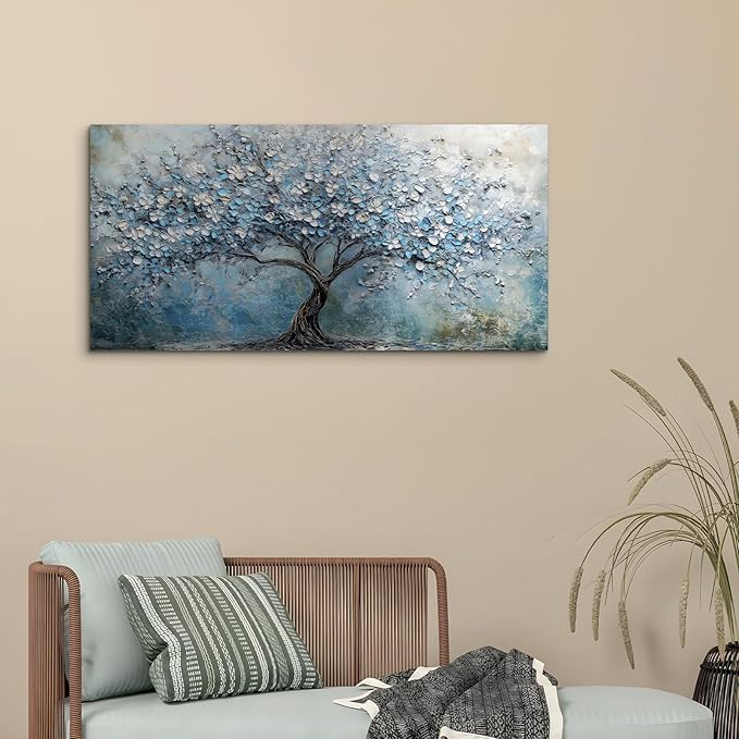 crmotu Tree of Life Large Wall Art, Cherry Blossom Abstract Canvas Painting, Blue Flowers Tree Art Prints, Modern Neutral Aesthetic Pictures Wall Decor Living Room Bedroom Bathroom Office 20"X40"
