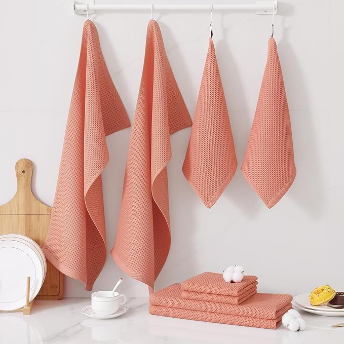 Homaxy 100% Cotton Kitchen Towels and Dishcloths Set, 12 x 12 Inches and 13 x 28 Inches, Set of 12 Bulk Kitchen Towels Set, Ultra Soft Absorbent Dish Cloths for Washing Dishes, Coral