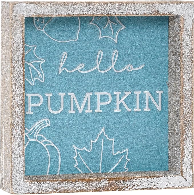 Embossed Hello Pumpkin Sign, Rustic Fall Decorations for Home, Thanksgiving Centerpieces for Table Cubicle Desk Mantel Fireplace, Autumn Tiered Tray Decor