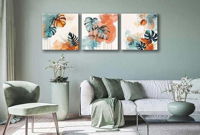 NAN Wind 3Pcs Abstract Tropical Leaves Canvas Art Modern Botanical Wall Decor Teal and Orange Leaf Minimalist Jungle Wall Art Framed Contemporary Nature-Inspired Print for Living Room or Bedroom