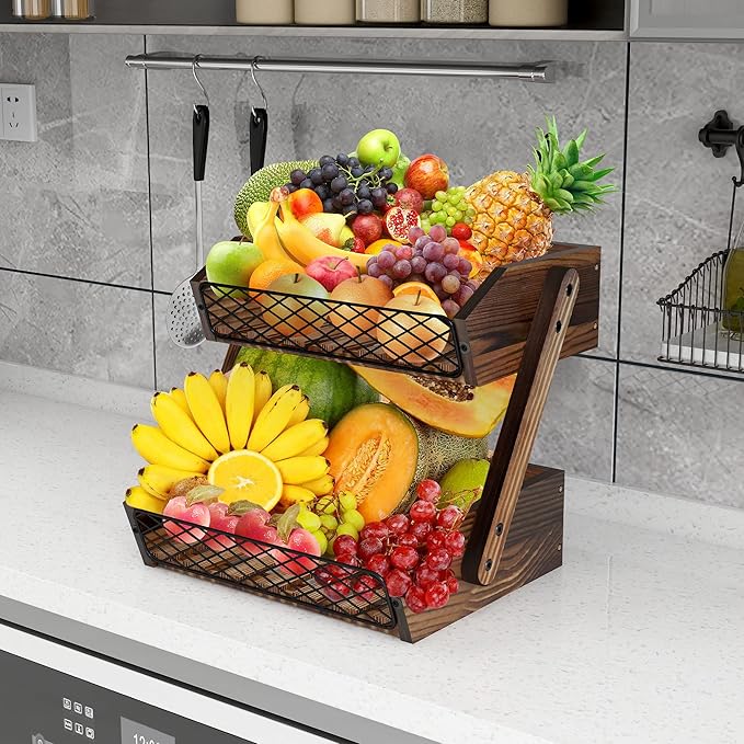 Dorhors Fruit Basket for Kitchen, 2 Tier Fruit Bowl,Kitchen Counter Organizer,Wooden Vegetable Holder for Countertop,Bread Storage Basket Stand
