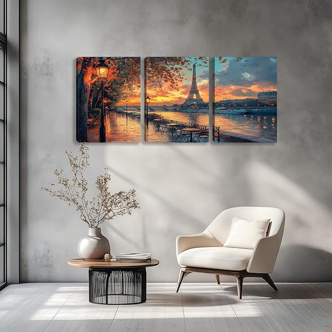 3 Pieces Paris Eiffel Tower Decor Wall Art Canvas Paintings Picture Posters Prints Landscape Wall Art Decor for Living room Bedroom Home Office Wall Decor Framed Wall Art (36''W x 16''H)