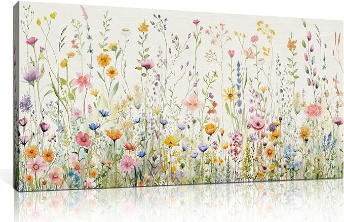 HPINUB Colorful Flower Framed Canvas Wall Art Set, Watercolor Daisy Floral Wall Decor, Wildflower Green Leaf Wall Painting, Multicolour Botanical Art Print for Living Room, Bedroom, Office - 20"x40"
