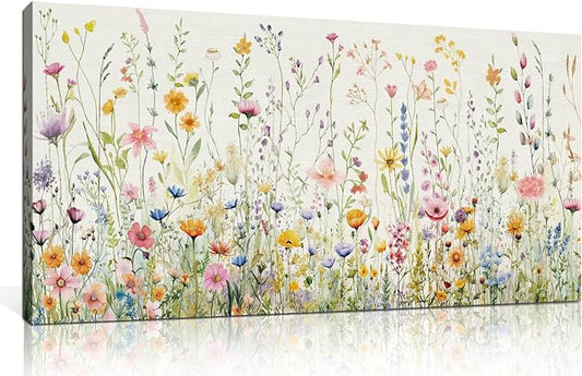 HPINUB Colorful Flower Framed Canvas Wall Art Set, Watercolor Daisy Floral Wall Decor, Wildflower Green Leaf Wall Painting, Multicolour Botanical Art Print for Living Room, Bedroom, Office - 20"x40"
