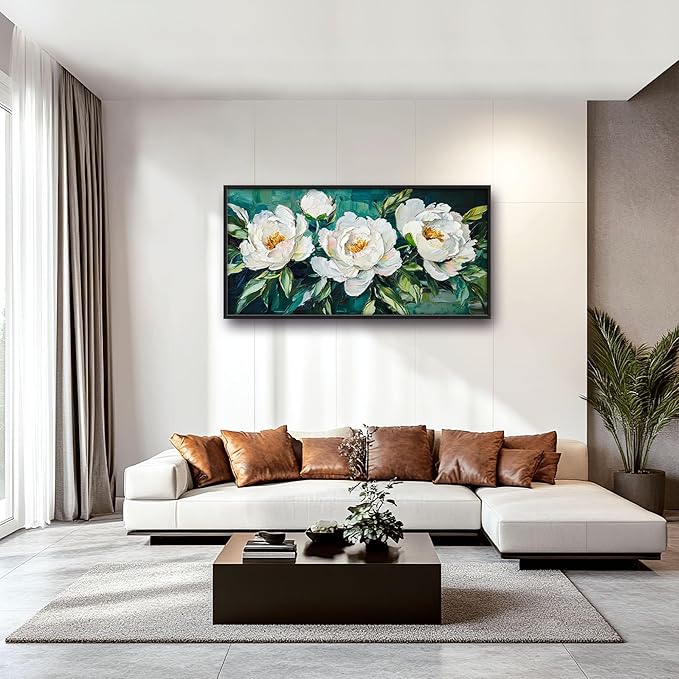 White Flower Large Wall Art for Living Room, Peoney Floral Oversized Wall Decor Pictures, Rustic Framed Canvas Print Painting, Modern Artwork for Bedroom Office Home Decor 60"x30"