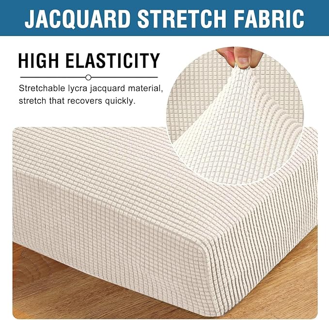 H.VERSAILTEX Super Stretch Individual Seat Cushion Covers - Sofa & Couch Cushion Slipcover Sets - Thick Jacquard Textured Twill Fabric (3 Piece XL, Ivory)