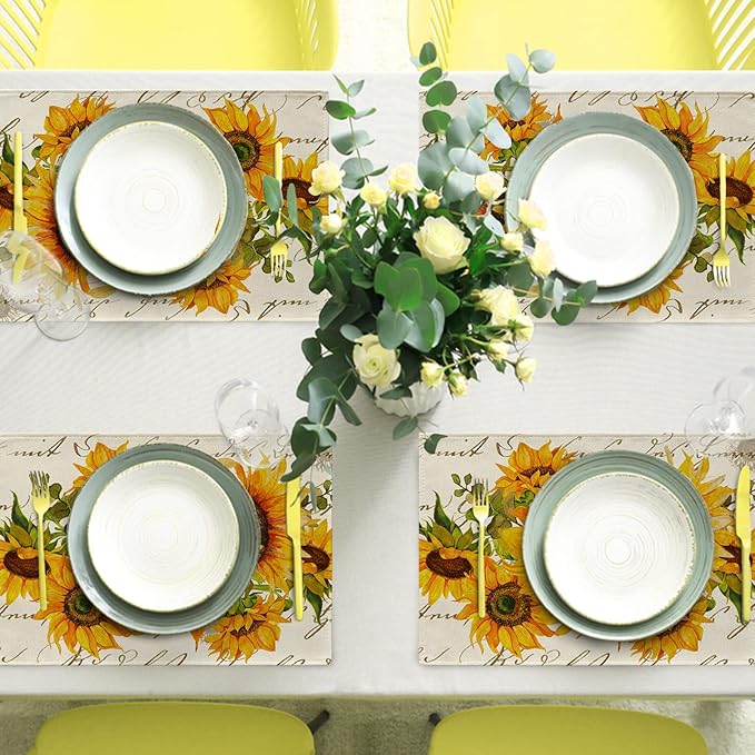 Seliem Fall Sunflower Placemats Set of 4, Spring Summer Yellow Floral Flowers Rustic Vintage Dining Table Place Mats, Eucalyptus Leaves Seasonal Kitchen Decor Home Decoration 12 x 18 Inch