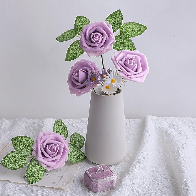 AmyHomie 25pcs Real Looking Artificial Lavender Roses w/Stem for DIY Wedding Bouquets Centerpieces Arrangements Party Baby Shower Home Decorations