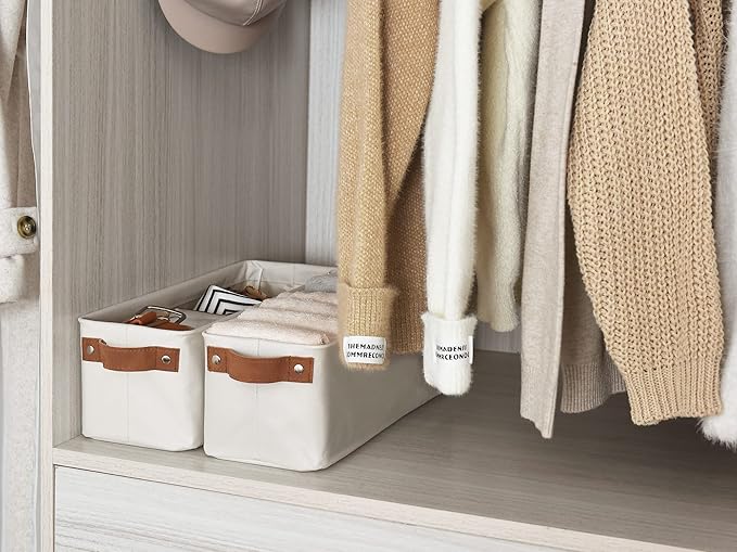 StorageWorks Narrow Storage Bins, Small Basket for Closet and Shelves, Fabric Organizer with Handles, Toilet Paper Storage, Beige, 2-Pack