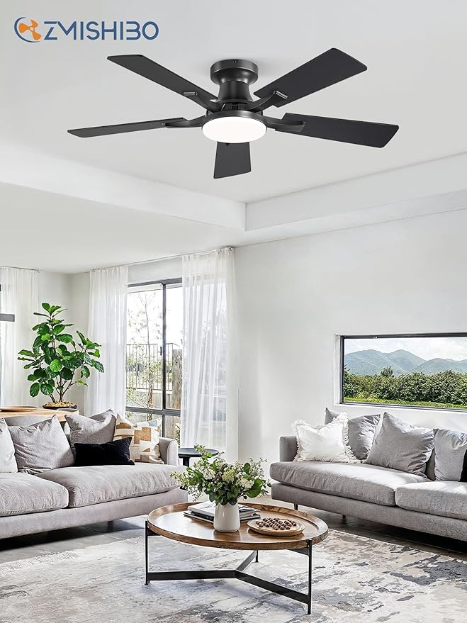 ZMISHIBO 42 Inch Ceiling Fan with Light, App&Remote Control, Flush Mount Low Profile, Dimmable 20W LED Light, Quiet Reversible Motor for Bedroom, Living Room, Apartment, Black