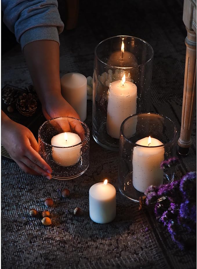 ARIAMOTION Hurricane Candle Holder for Pillar Glass Cylinder Vase Modern Rustic Centerpiece Clear Seeded Home Decor for Kitchen Table Living Room 8" H 1 Pack
