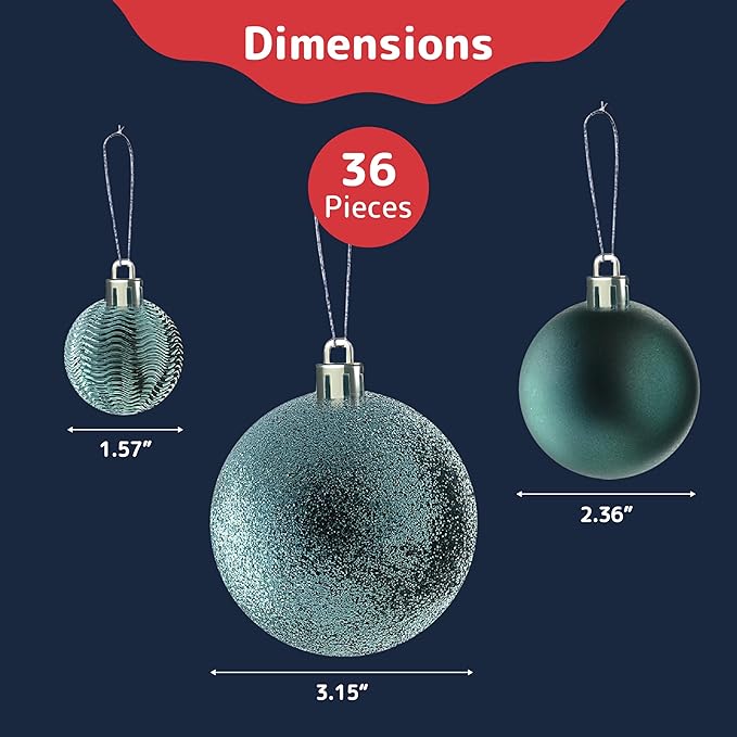 Prextex 36-Piece Christmas Tree Decorations - Shatterproof Christmas Tree Ornaments Set - Assorted Matte, Glitter, Shiny Baubles and Decorative Balls for Holiday Décor, Christmas Balls - Olive Green