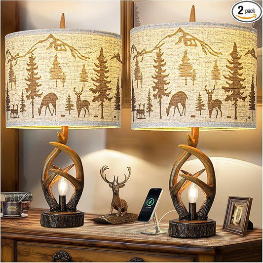 Farmhouse Deer Antler Table Lamp Set of 2 For Living Room with USB Ports, Rustic Bedside Lamp with Nightlight For Bedroom, linen Fabric Shade Vintage Nightstand Lamps For Hotel Bar Country House