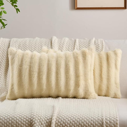 FUTEI Beige Decorative Throw Pillow Covers 12x20 Inch Set of 2,Soft Fluffy Faux Mink Fur Dyeing Striped Textured Lumbar Pillow Case,Modern Home Decor for Couch Bed Living Room
