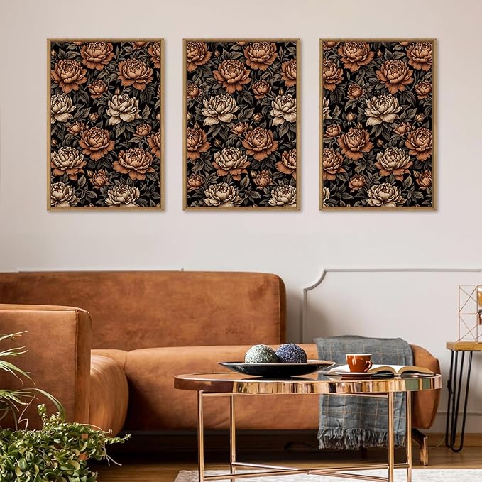 KAIRNE Vintage Floral Wall Art Set of 3, Mid Century Flower Framed Canvas Prints, Boho Peony Botanical Artwork, Modern brown Luxury Decor for Living Room Bedroom Office, 16×24inch