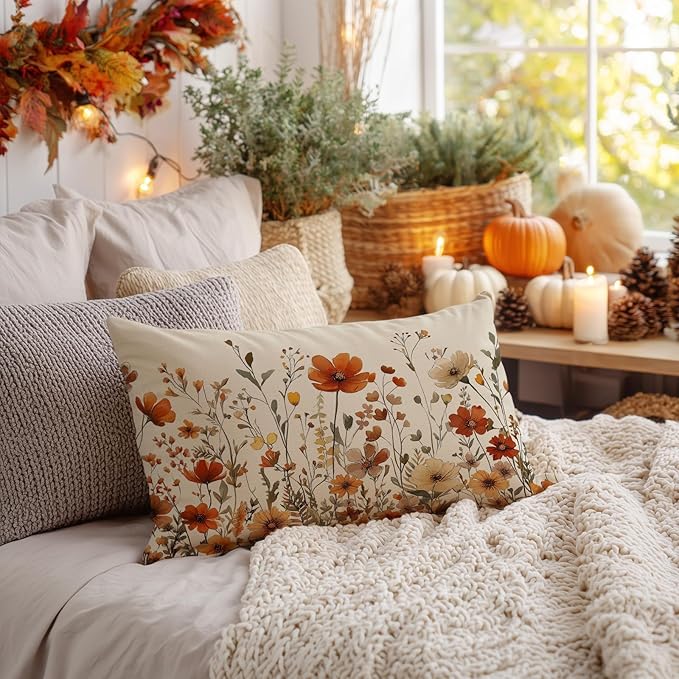 AACORS Fall Pillow Cover 12x20 Inch Floral Decoration Pillow Case Autumn Seasonal Decor for Home Sofa Couch AA730-12