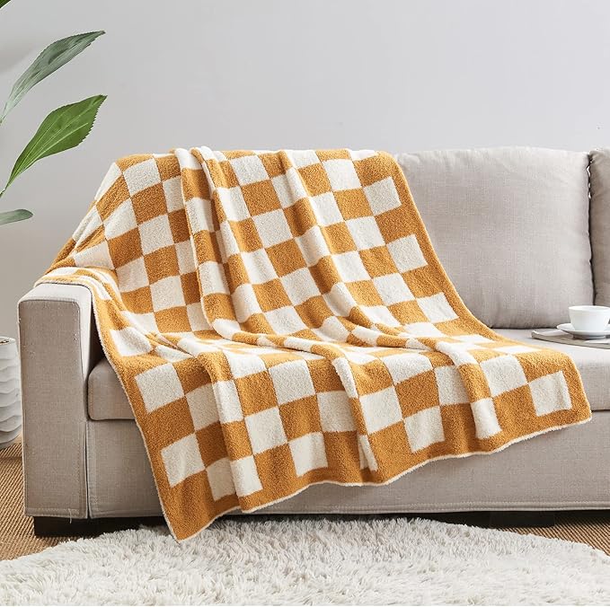 CozeCube Checkered Blanket, Ultra Soft Cozy Orange and White Throw Blanket, Warm Cozy Knit Fuzzy Plush Checkerboard Throw for Couch Bed Sofa, 50"x60"