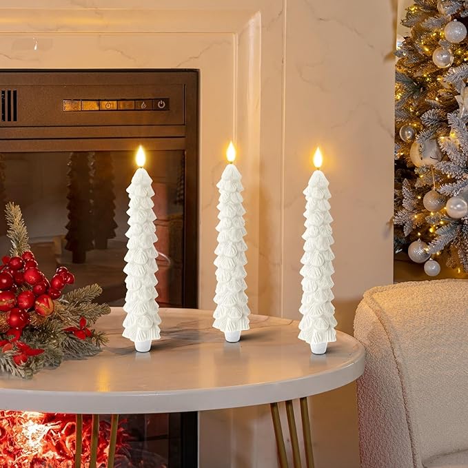 Homemory 3 Pcs Christmas Tree Candles with Remote, Waxy Flameless Taper Candles Flickering, White LED Candlesticks Battery Operated for New Year Celebration Holiday Decorations 9.7 Inches