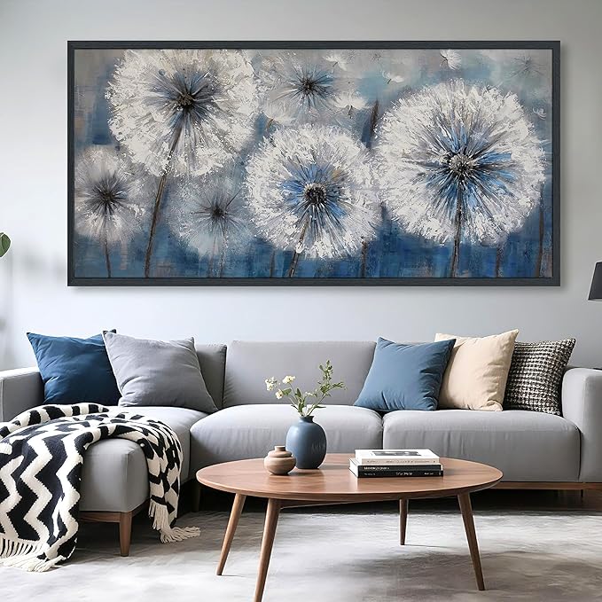 Dandelion Wall Art Blue Large Picture for Living Room Canvas Art Wall Decor Above Bed White Flower Artwork for Walls Paintings Modern Art Aall Decor Framed Wall Art for Bedroom 29×58IN
