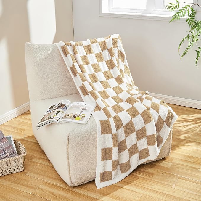 CozeCube Checkered Blanket, Ultra Soft Cozy Khaki Tan and White Throw Blanket, Warm Cozy Knit Fuzzy Plush Checkerboard Throw for Couch Bed Sofa, 60"x80"