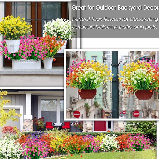 TURNMEON 20 Bundles Artificial Flowers for Outdoors Fake Plants Summer Decor, UV Resistant Artificial Plants Cemetery Fake Flowers Faux Plastic Greenery Shrub for Home Porch Yard Decor 580 Heads(Pink)