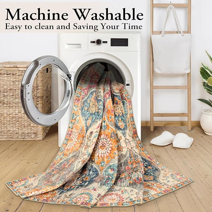 Lahome Moroccan 5x8 Area Rug, Ultra-Thin Washable Rugs for Living Room Bedroom, Soft Large Oriental Non-Slip Non Shedding Throw Large Carpet for Dining Room Office, Cream/Multi