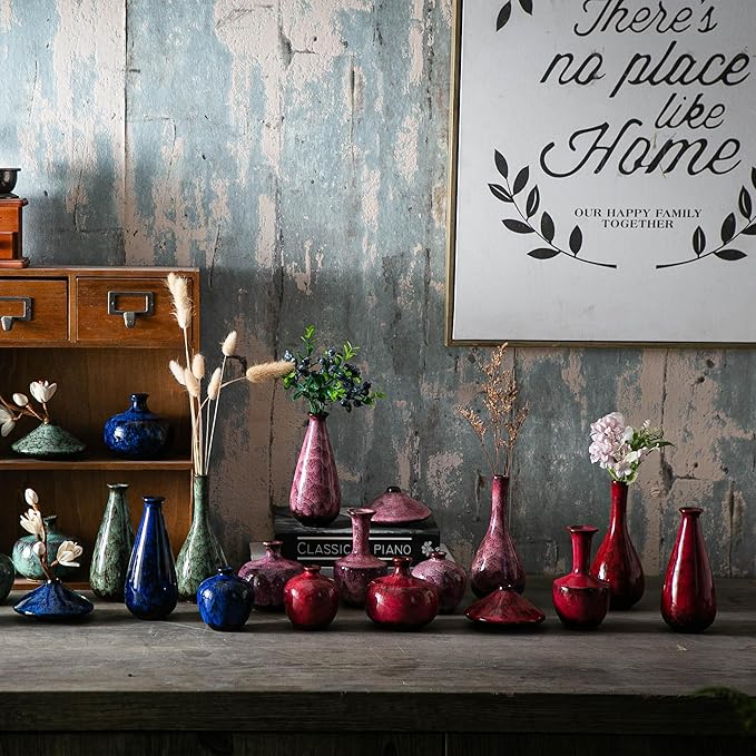 Pink Ceramic Bud Vases, Set of 6 Small Glazed Pottery Vases for Floral Arrangements, Decorative Rustic Vases for Modern Farmhouse Home Decor, Living Room, Dining Table Centerpieces