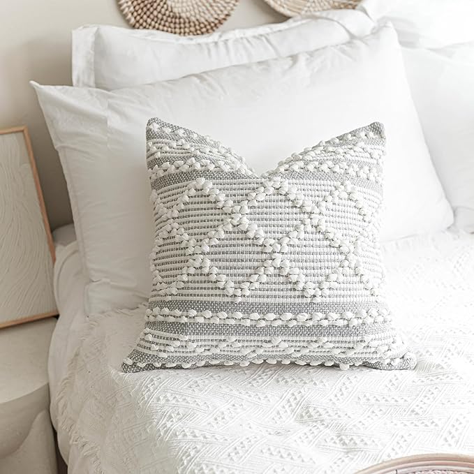 Gray White Decorative Throw Pillow Cover 20X20, Boho Accent Pillow for Couch, Square Modern Farmhouse Pillowcase for Living Room Couch Sofa Cushion Home Décor (Pack of 1)